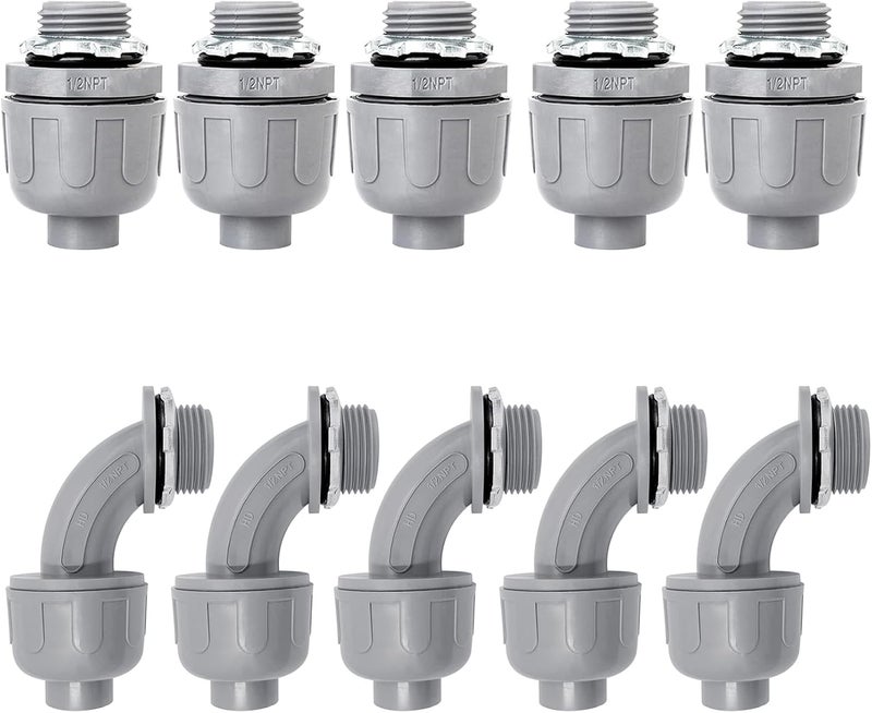 Feotech 10 Pack 1/2 Inch Liquid Tight Connectors - PVC Electrical Conduit Fittings, Straight, 90 and 180 Degree Non-Metallic Flexible Connectors for Home, Bathroom, and Kitchen, Gray - Image 1